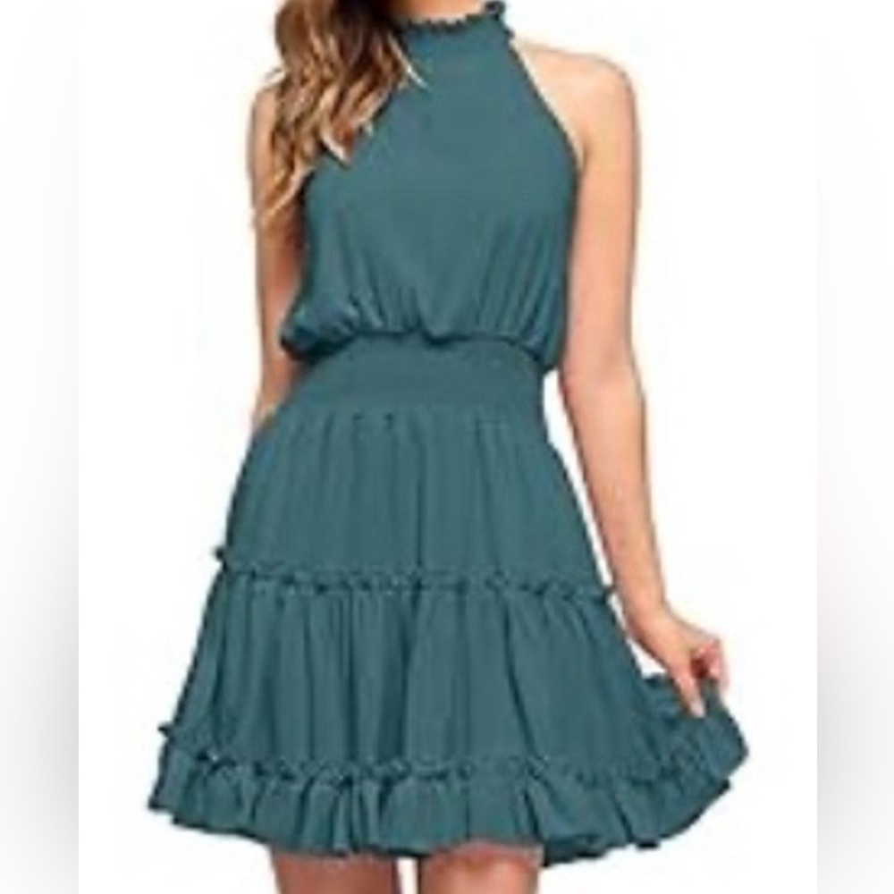 Halter Neck Tired Dress Smocked Waist Teal Green Large